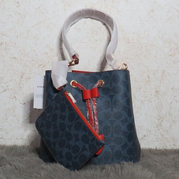 Coach Signature Rowan Drawstring Bucket Bag (Denim/Bold Red) - Picture 1 of 8